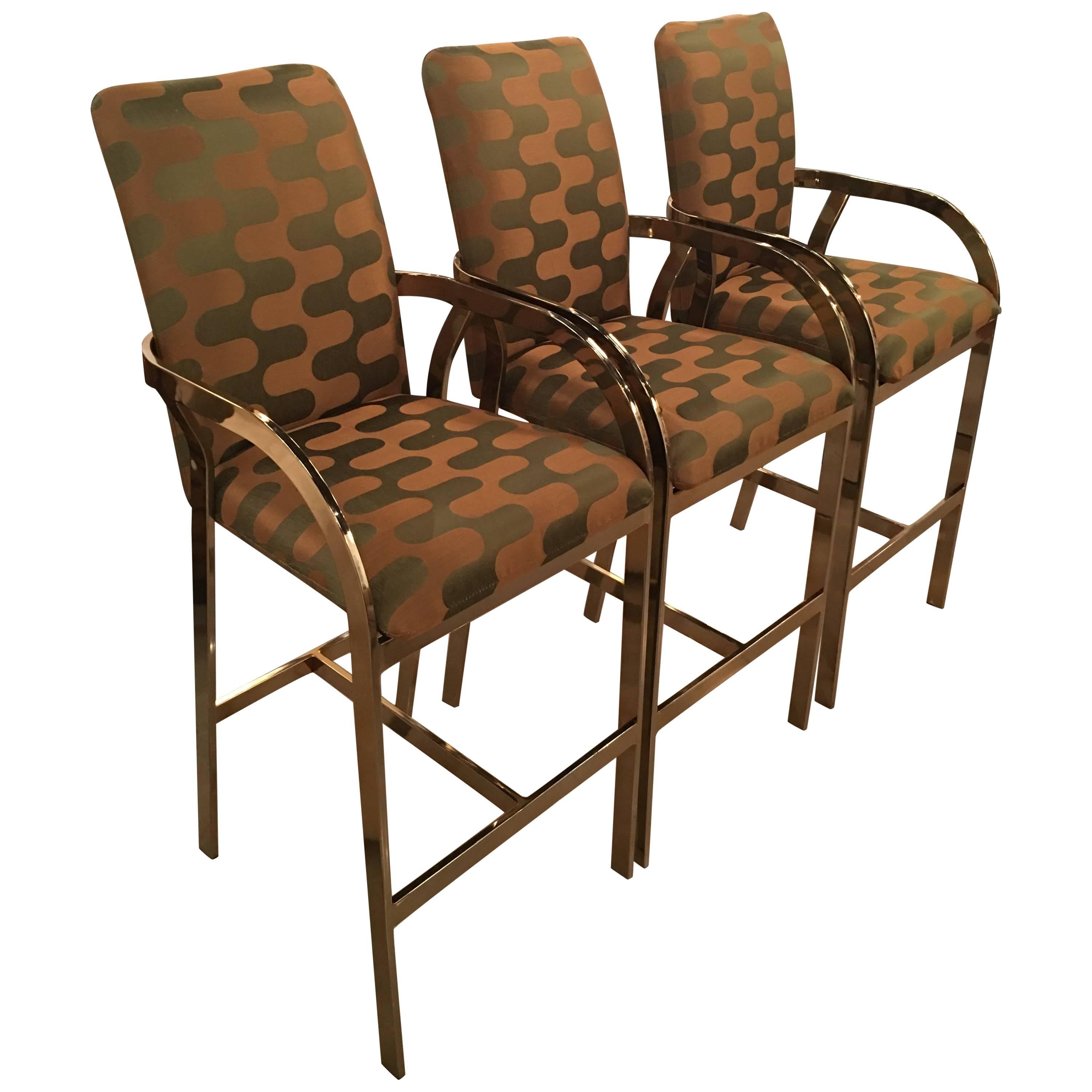 Brass Gold Arm Barstools Stools Vintage Set 3 Hollywood Regency DIA Upholstered