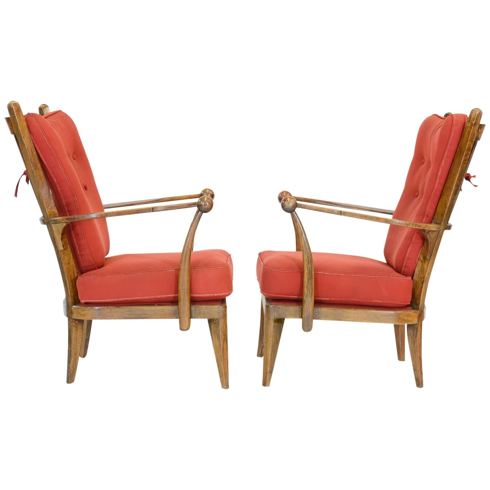 Amazing Pair of French Walnut High Back Club Chairs after Guillermes et Chambron For Sale