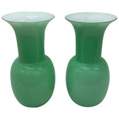 Aureliano Toso Pair of Italian green Murano Glass Vases 2001 