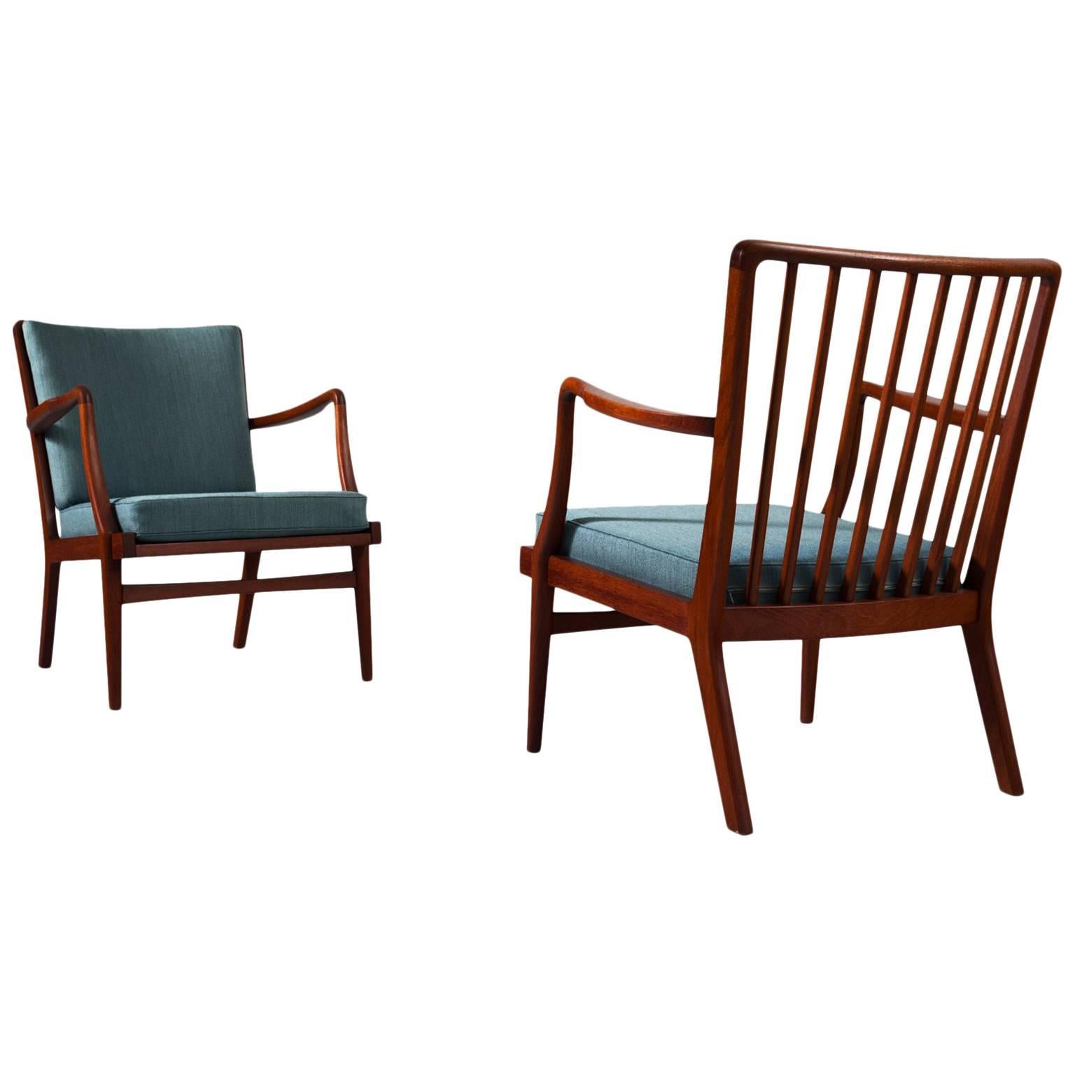 Peder Christensen Set of Two Teak Easy Chairs with Blue Fabric Upholstery