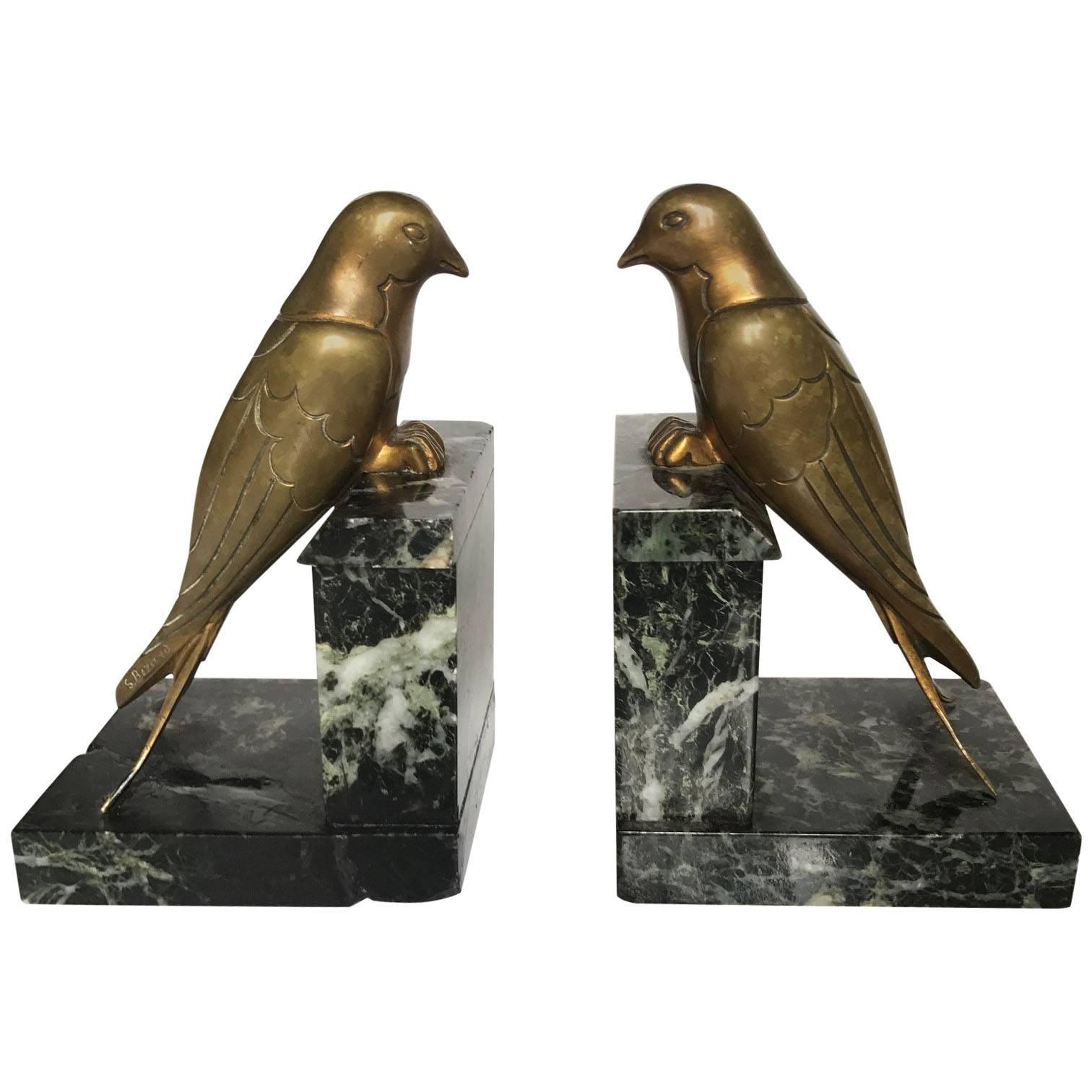 French 1930s Art Deco Bronze Swallow Bird Bookends by Suzanne Bizard
