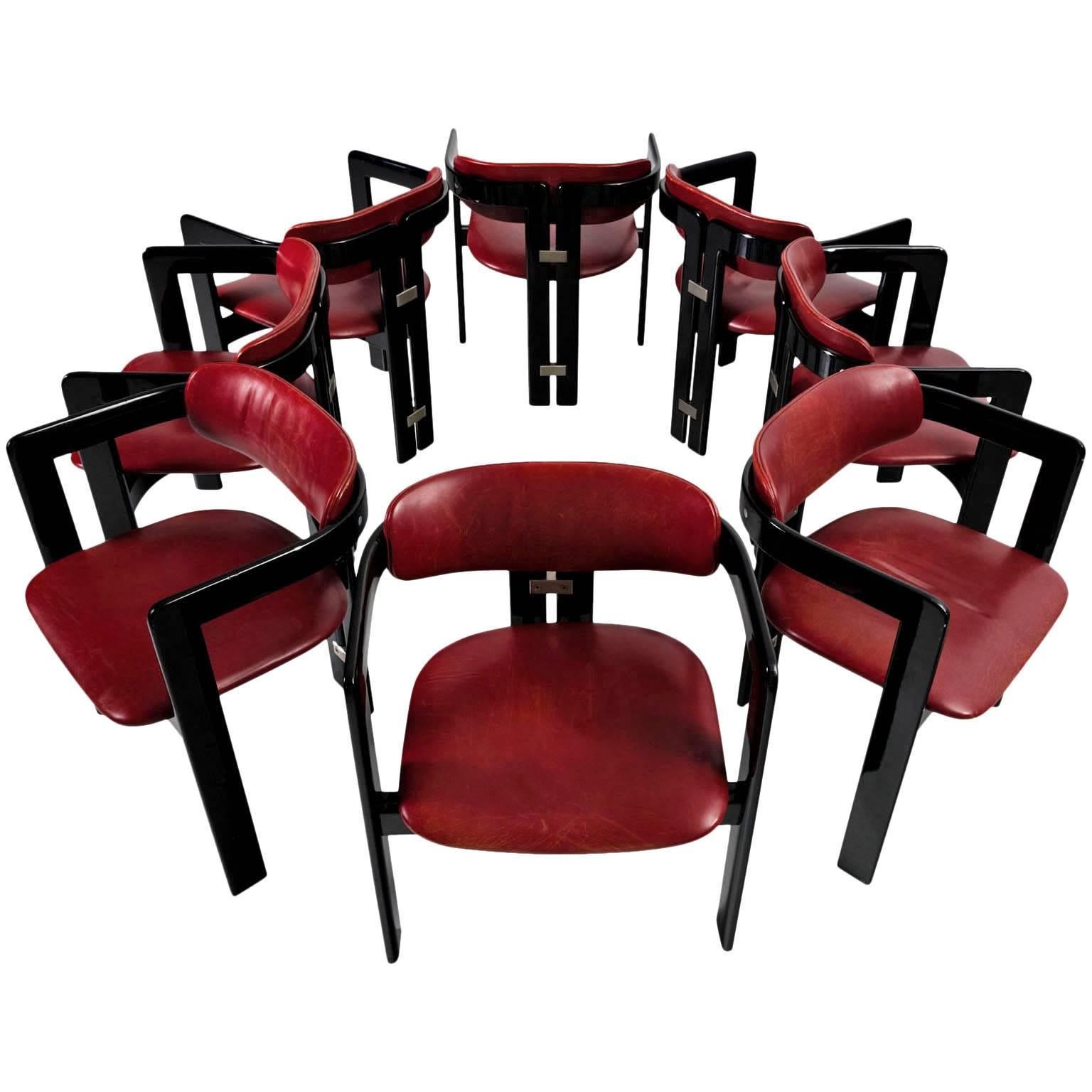 Augusto Savini Set of eight Dining Room Chairs with Red Leather Upholstery