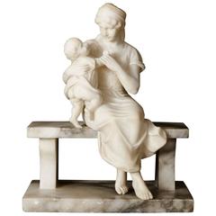 Antique Alabaster Sculpture of a Woman and Child by Pugi 5
