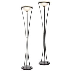 Pair of Elegant 1970s Floor Standing Uplighters in Metal and Glass