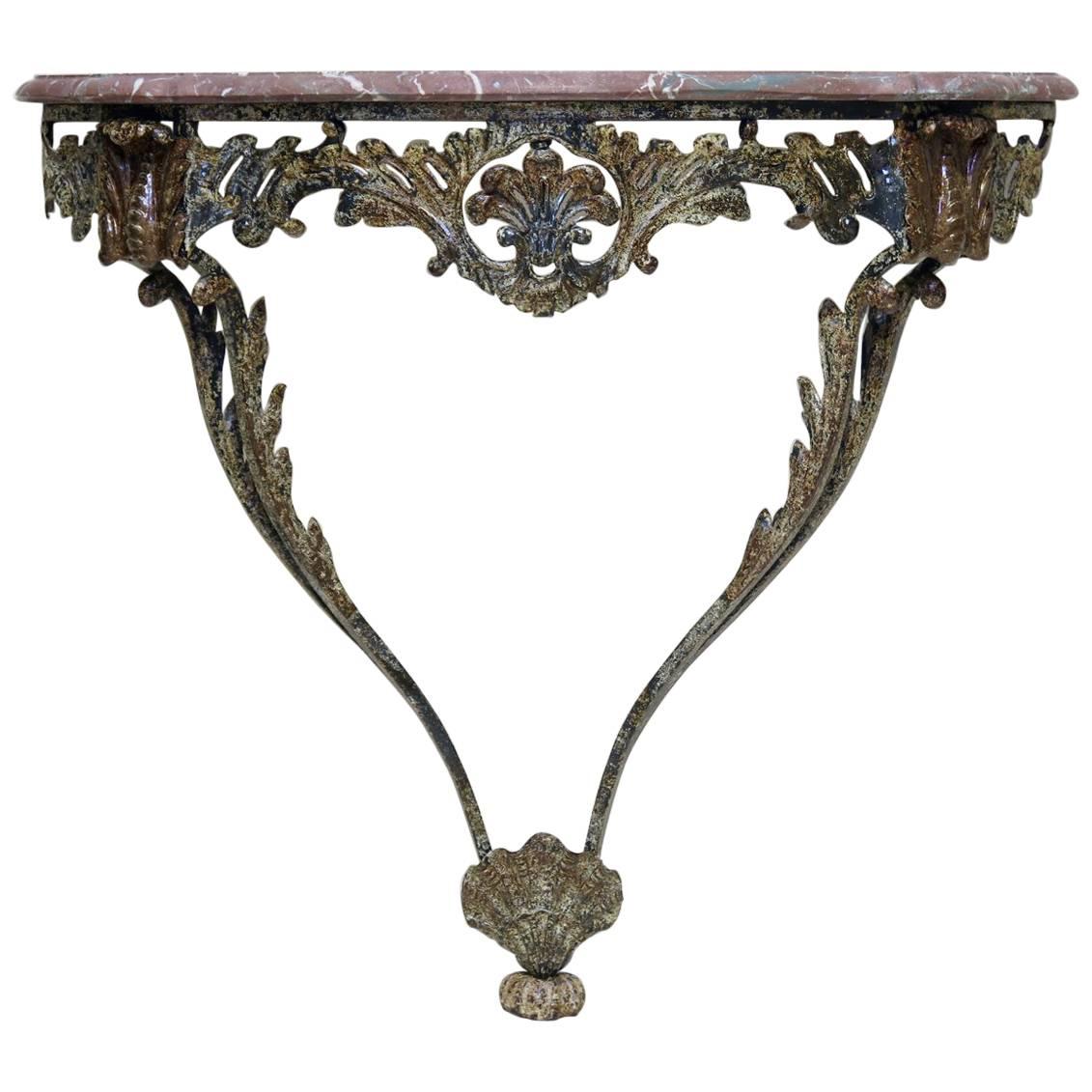 Unusual Wrought Iron and Marble Rocaille-Style Console, France, circa 1940s