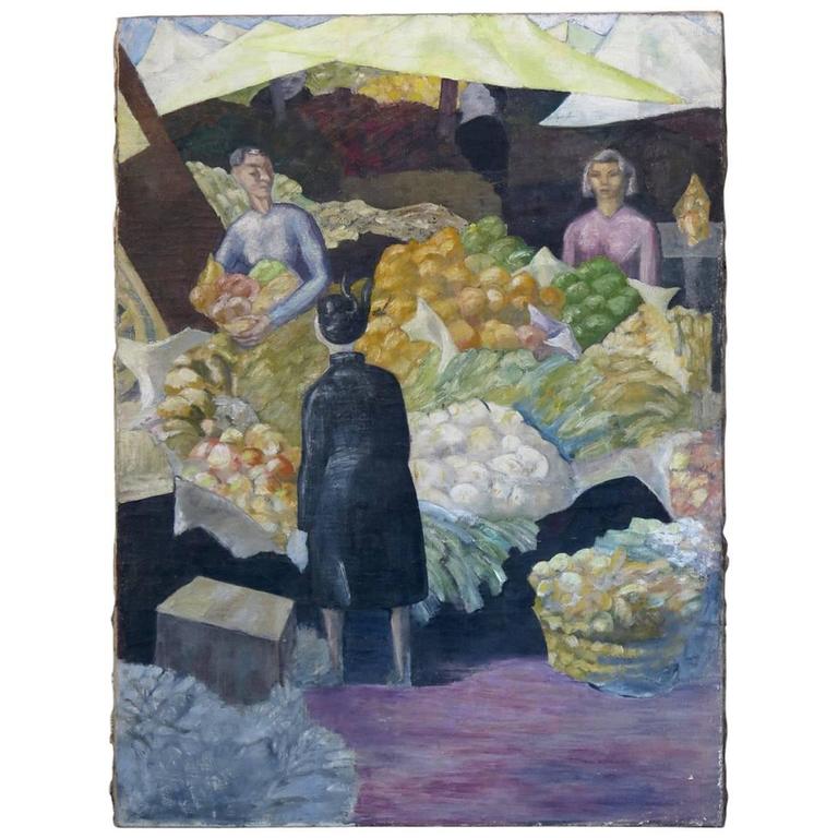 Large Oil Painting of a Market Scene, circa 1930s-1940s For Sale