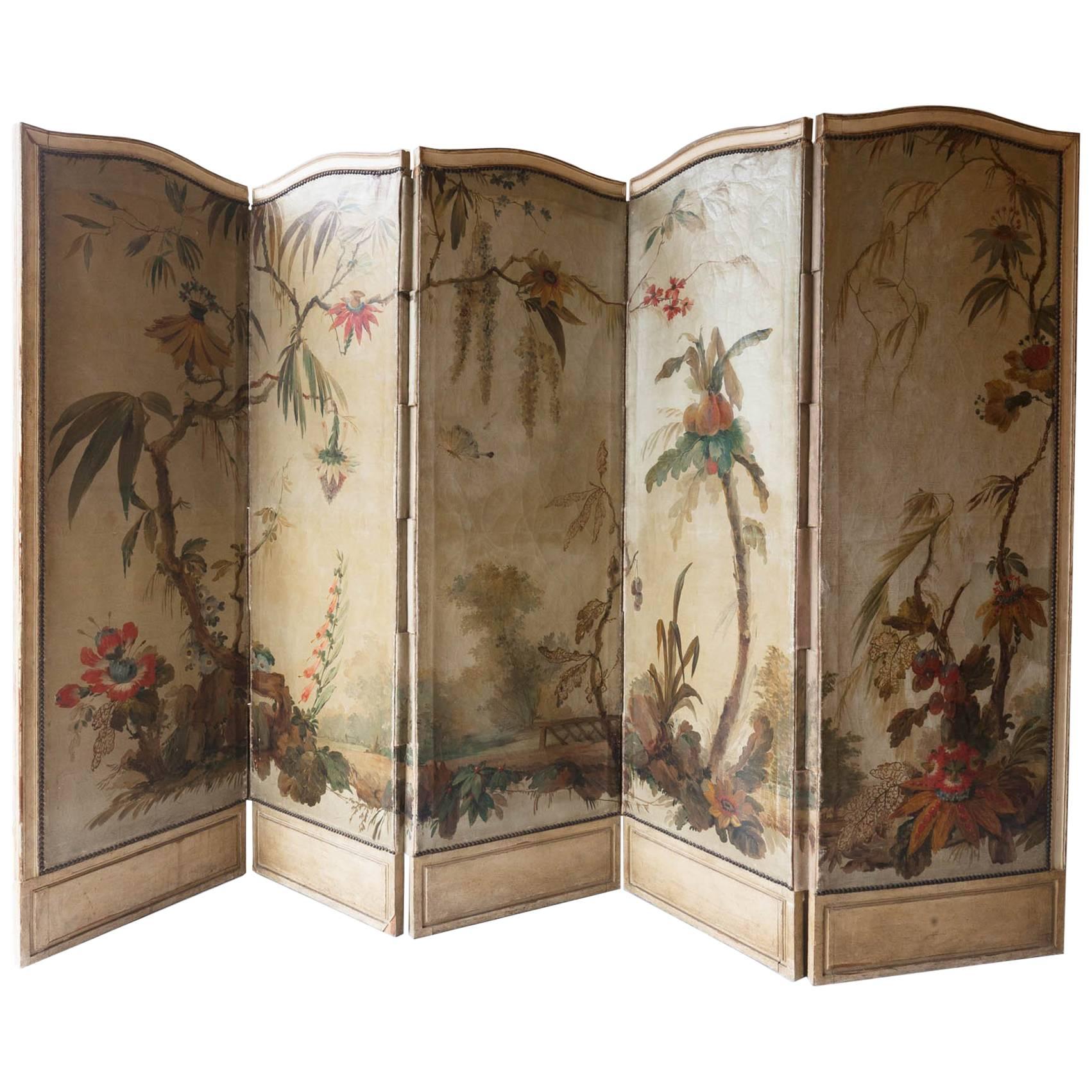 19th Century Louis XV Style Five-Fold Painted Screen