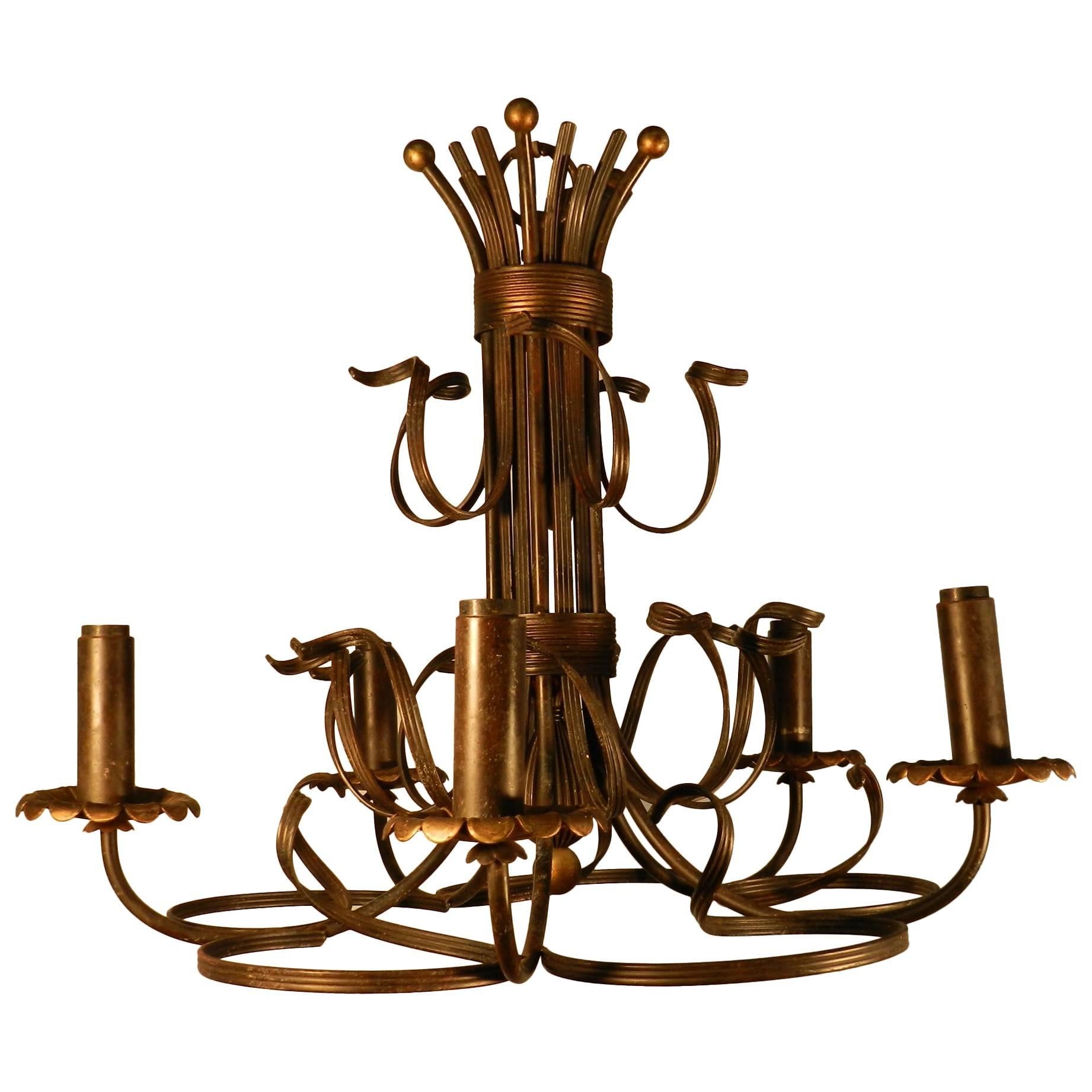 1950, Italian  Work, Lacquered Wrought Iron Chandelier For Sale