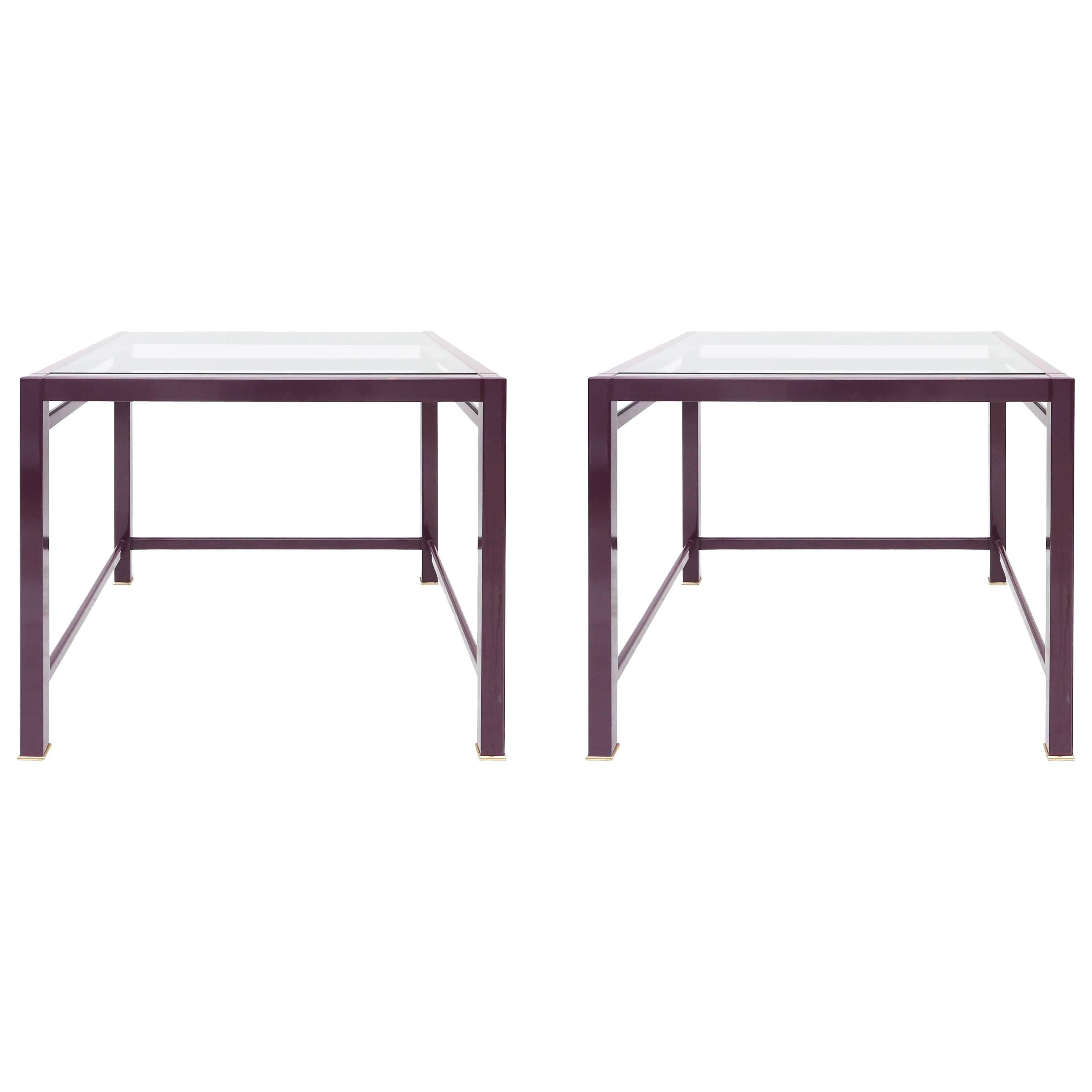 Purple and brass post-modern pair of side tables For Sale