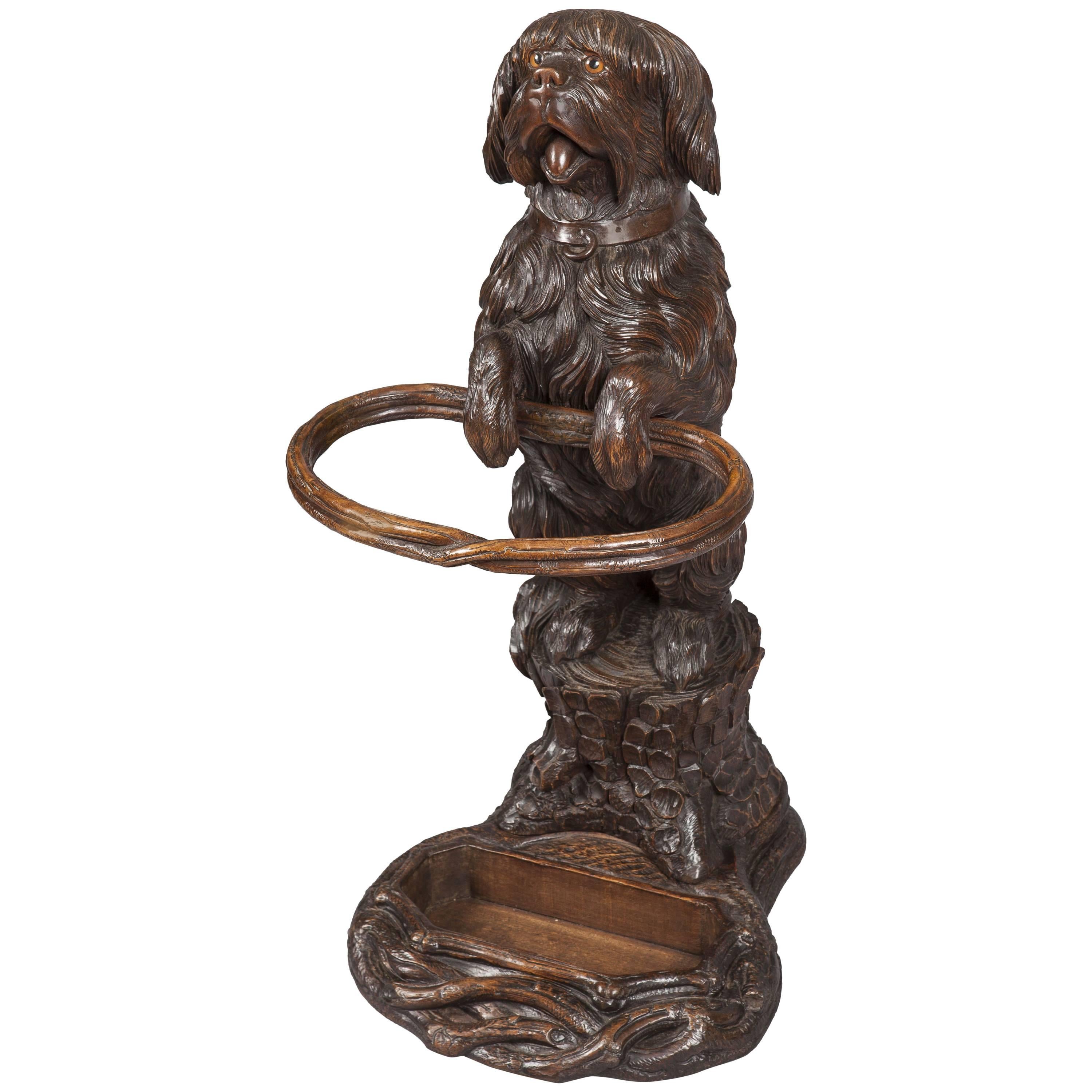 19th Century Carved Black Forest Dog Umbrella Stand For Sale at 1stDibs