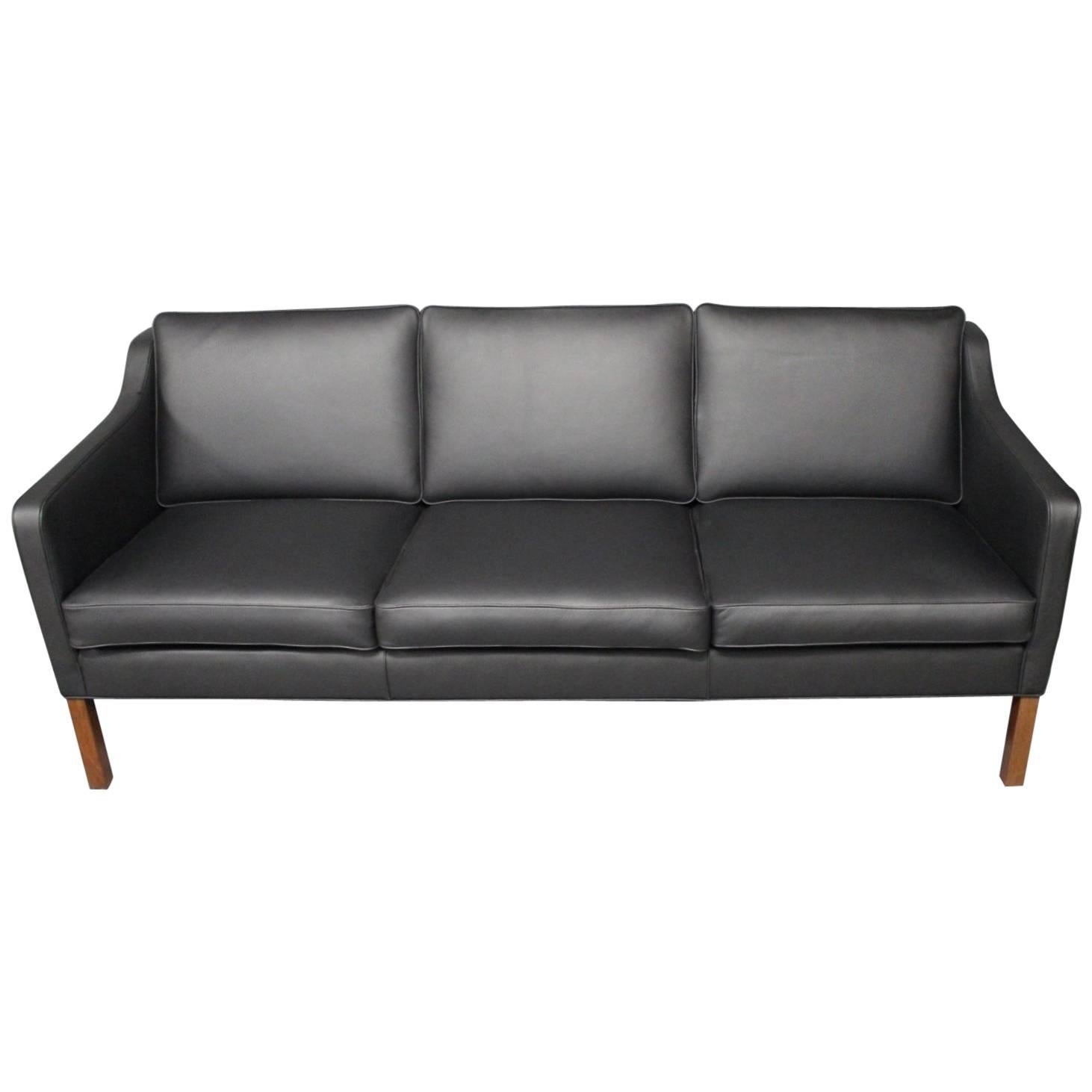 2209 BM Three-Seat Sofa in Black Leather by Børge Mogensen, 1963