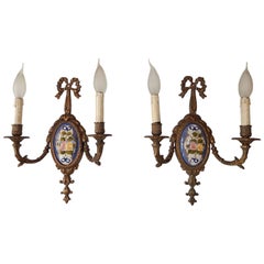 1900 Sevres Style Hand-Painted Floral Bronze Bows Sconces