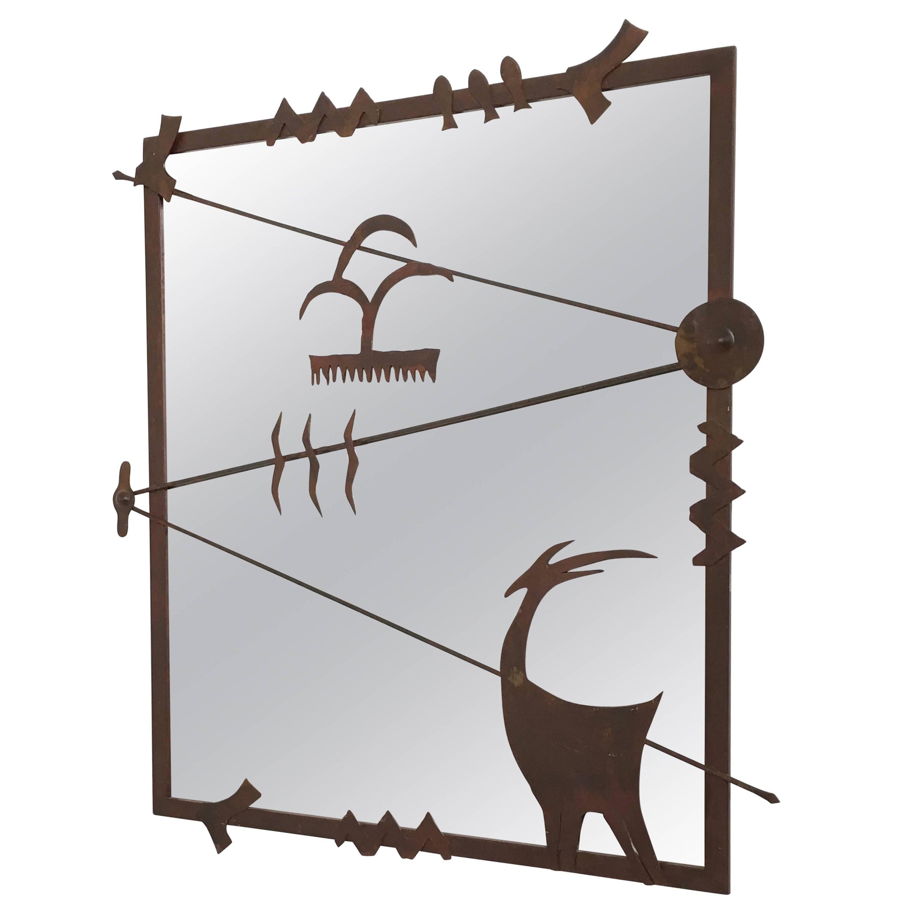 Rectangular Wall Mirror with Iron Frame in the style of Atelier Marolles, France