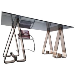 1970s Smoked Acrylic and Glass Trestle Desk, Lucite and Tubular Chrome Chair