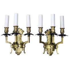 Pair of Antique Arts & Crafts Gothic Style Brass Three-Light Wall Sconces