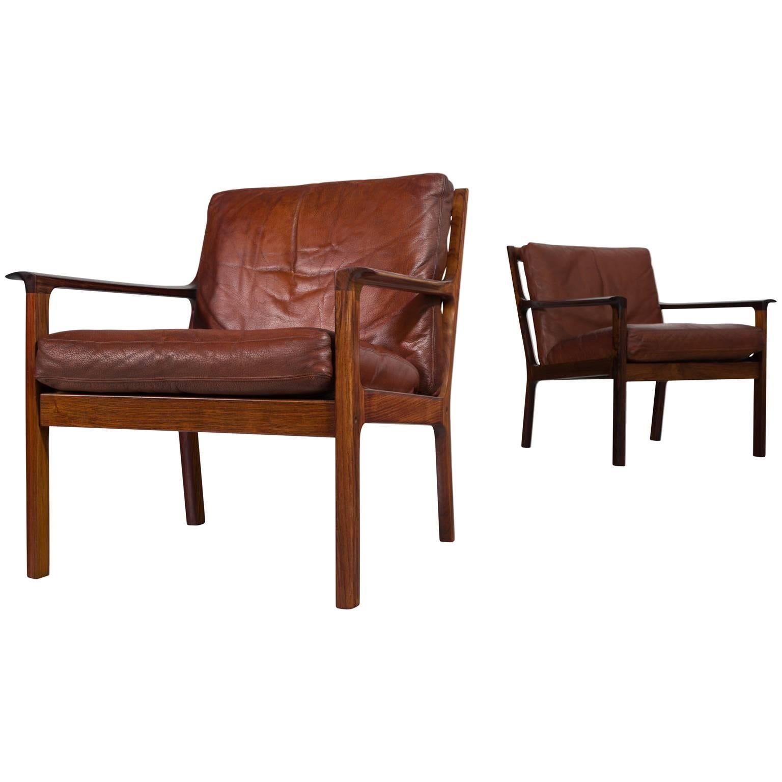 Set of Two Danish Armchairs in Rosewood and Brown Leather Upholstery