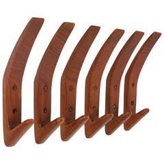 Set of Six Danish Modern Teak Wall Coat Hooks, Denmark, 1950s