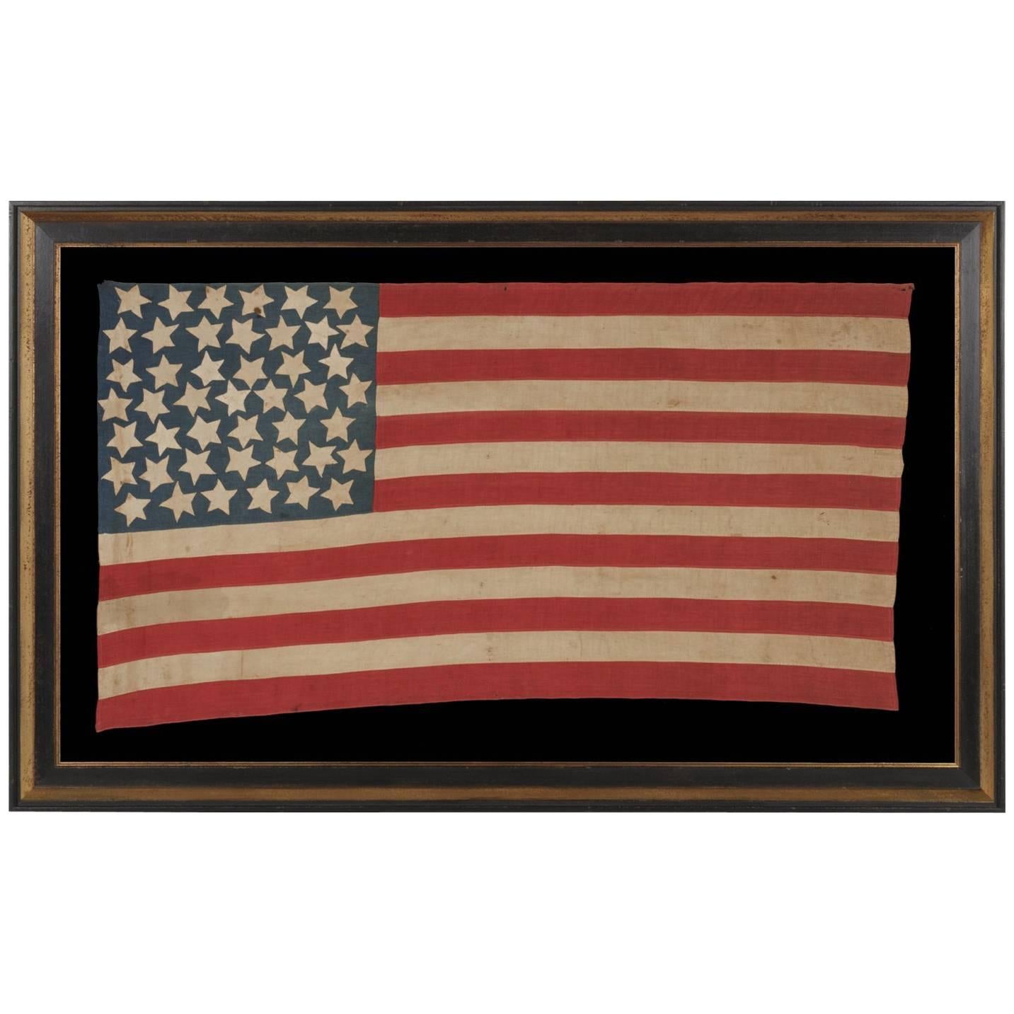 Antiques American Flag with 45 Hand Sewn Stars on a Denim Blue Canton