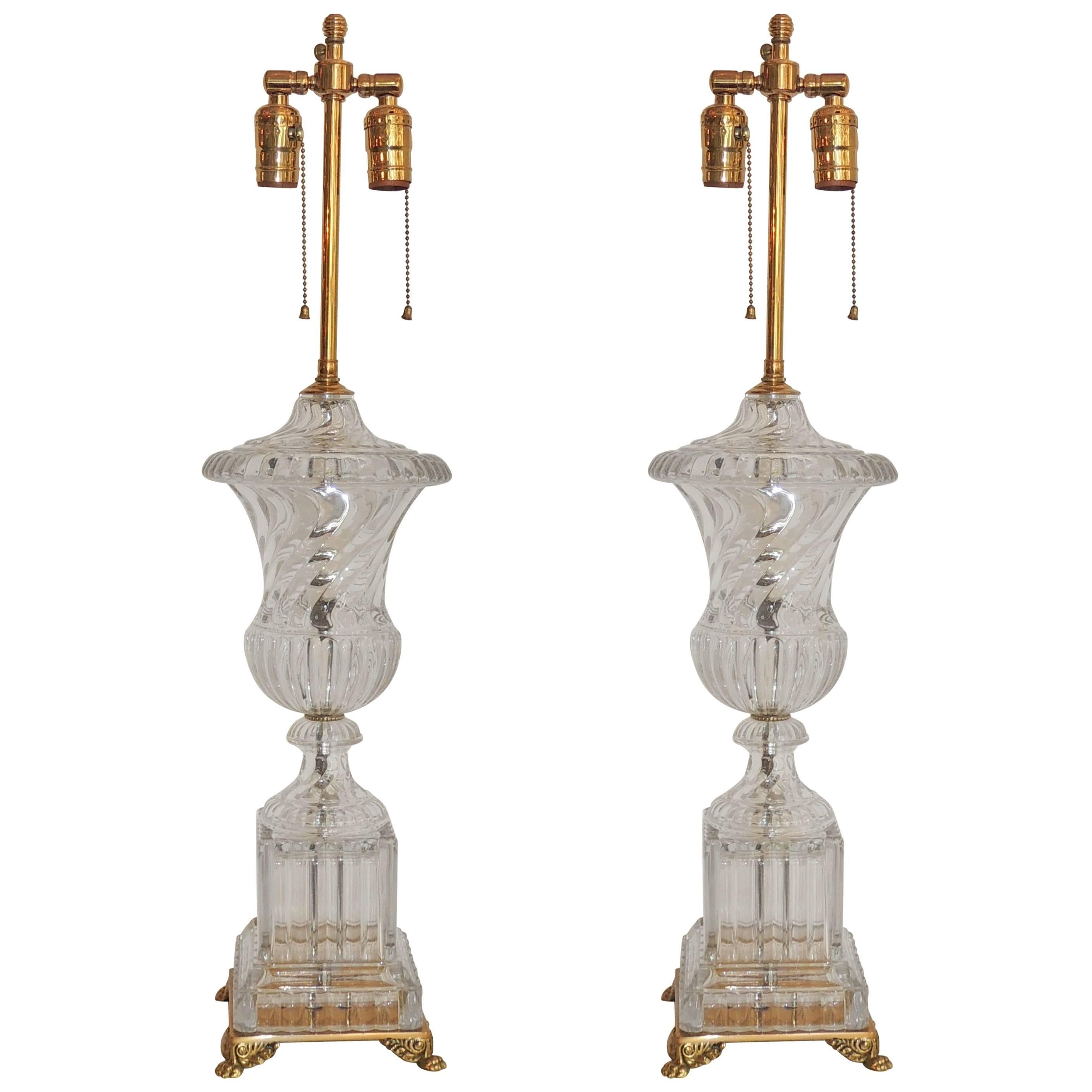 Wonderful Pair Baccarat Crystal Swirl Dore Bronze Urn Neoclassical Regency Lamps