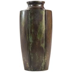Japanese Green and Brow Patinated Bronze Paneled Bottle Form Vase, Signed