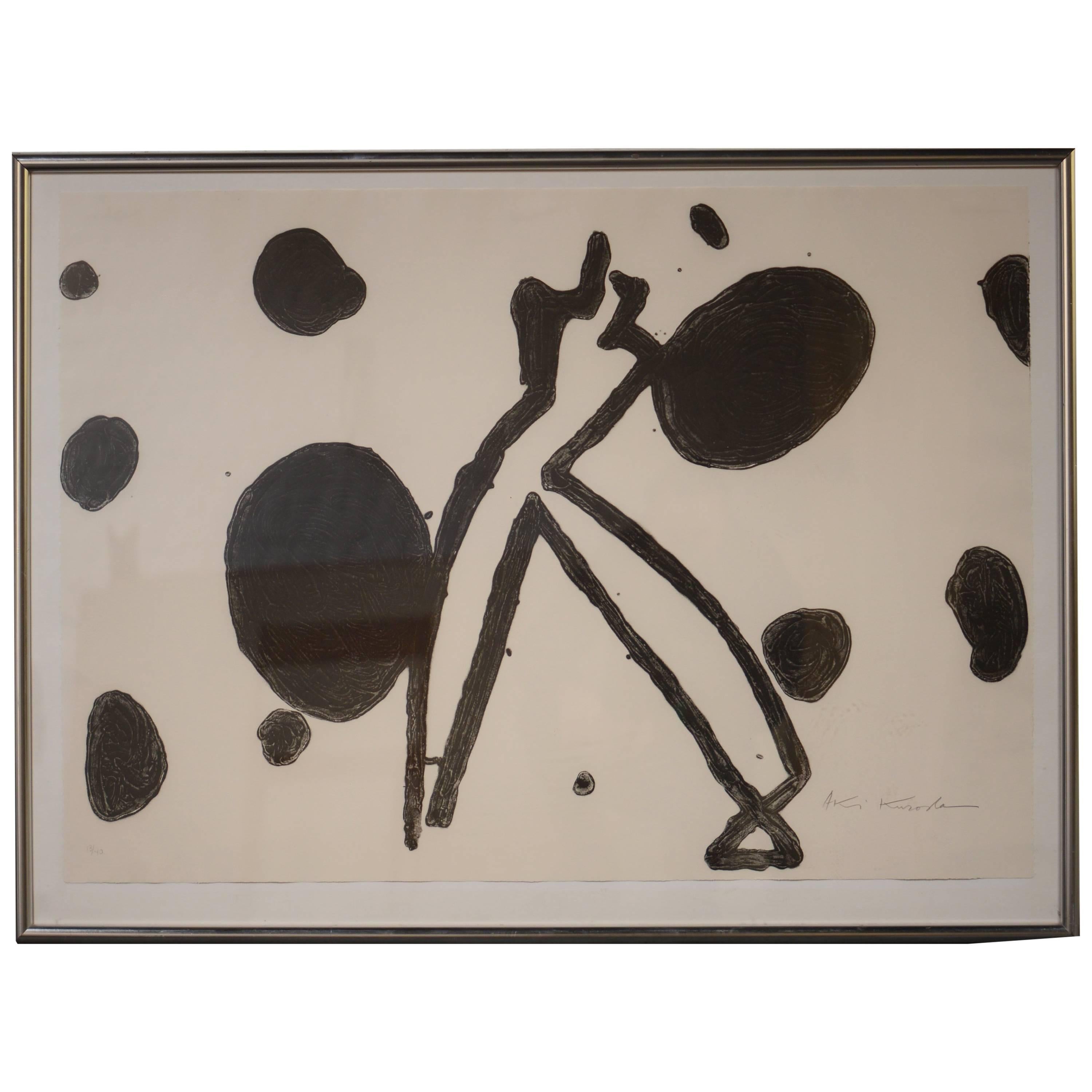 Aki Kuroda Large Lithography from the 1980s Silhouettes Series on a Silver Frame For Sale