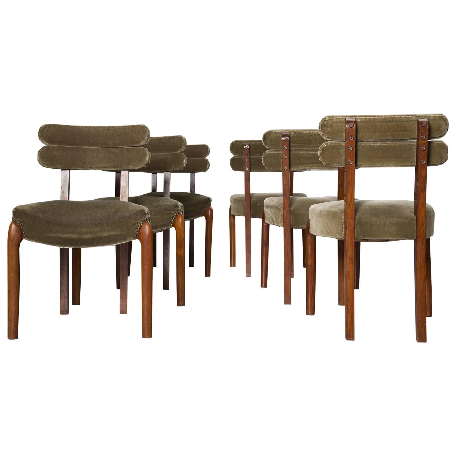 Set of Six Art Deco Dining Chairs with Brass Details