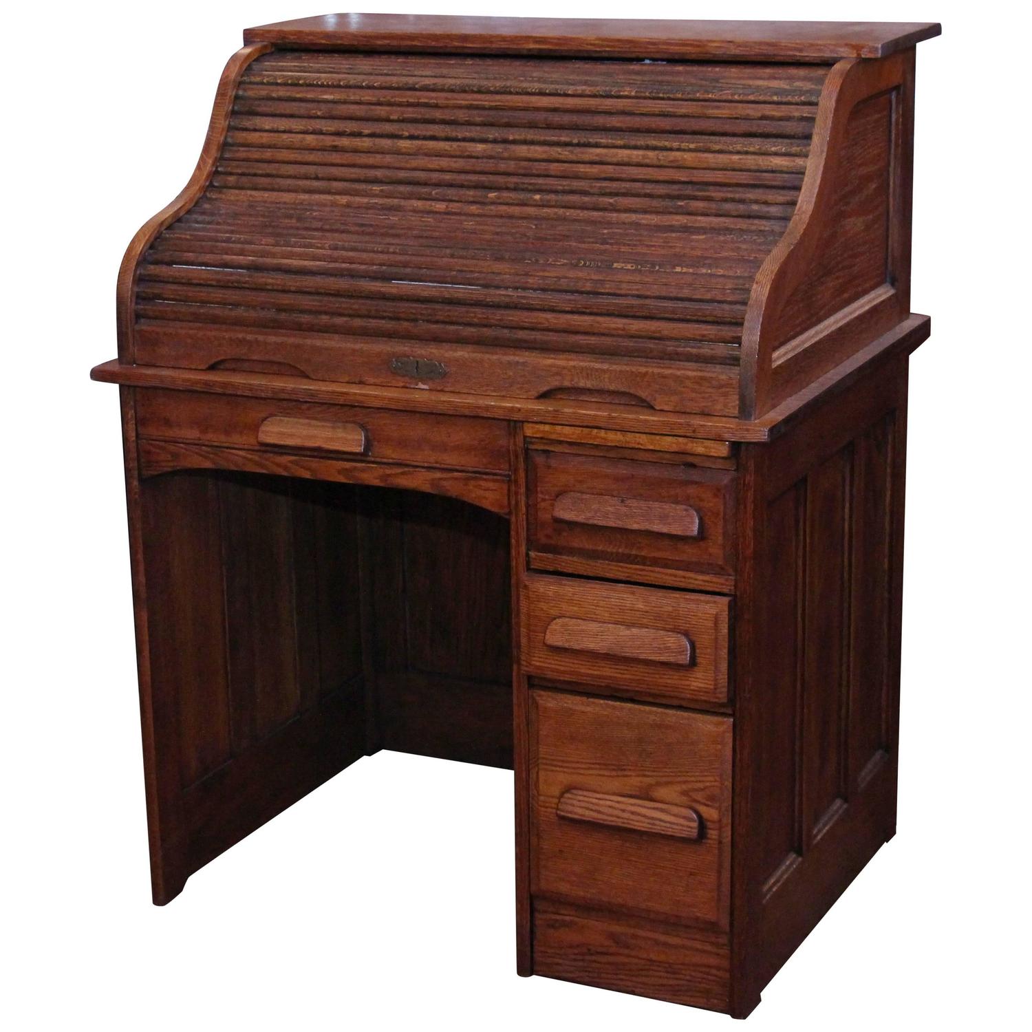 1880s Quarter Sawn Locking Oak Roll Top Desk With Right Side