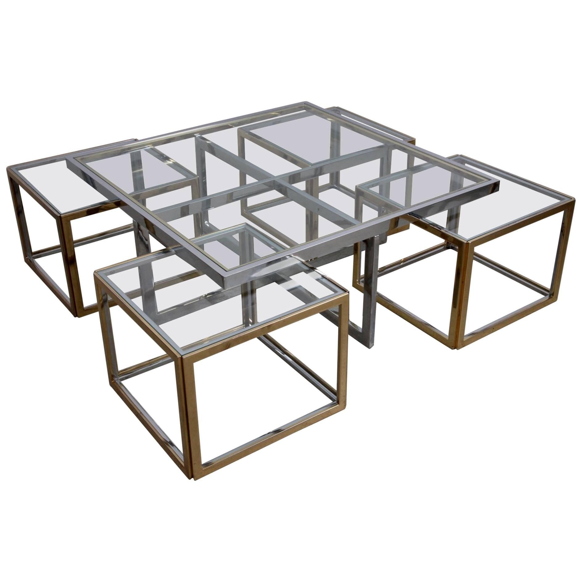 Huge Coffee Table in Brass and Chrome with Four Nesting Tables by Maison Charles For Sale