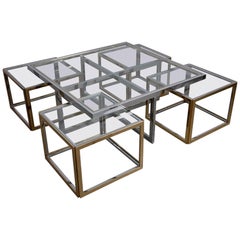 Vintage Huge Coffee Table in Brass and Chrome with Four Nesting Tables by Maison Charles