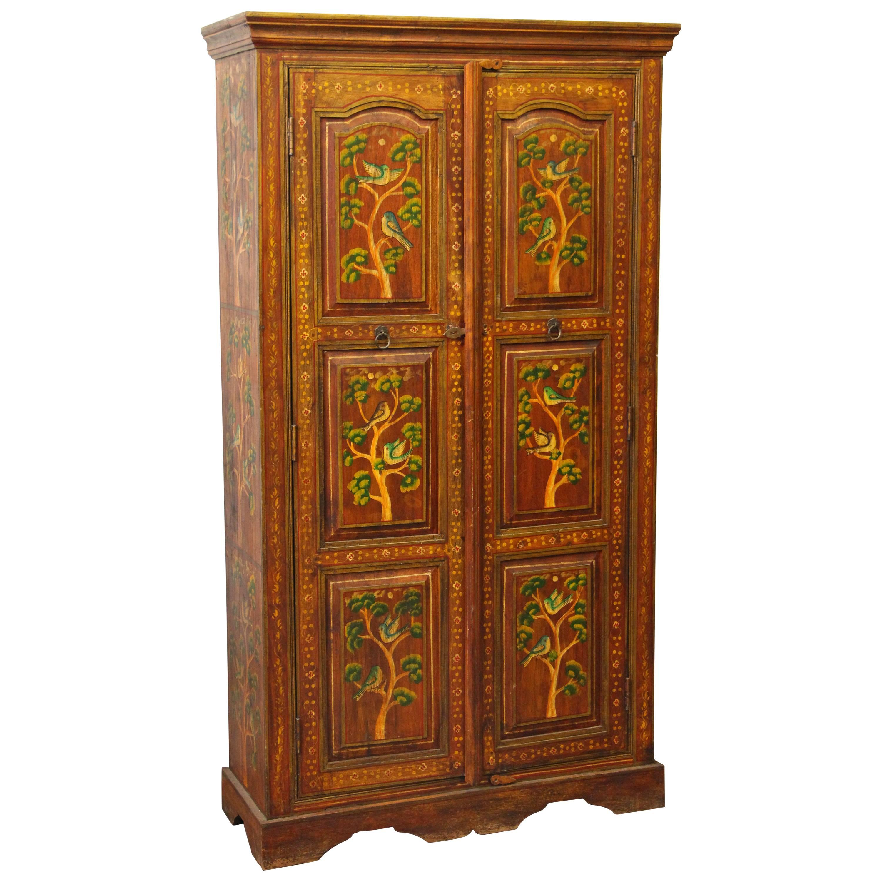 1990s Hand-Painted Floral Wood Cabinet with Three Shelves