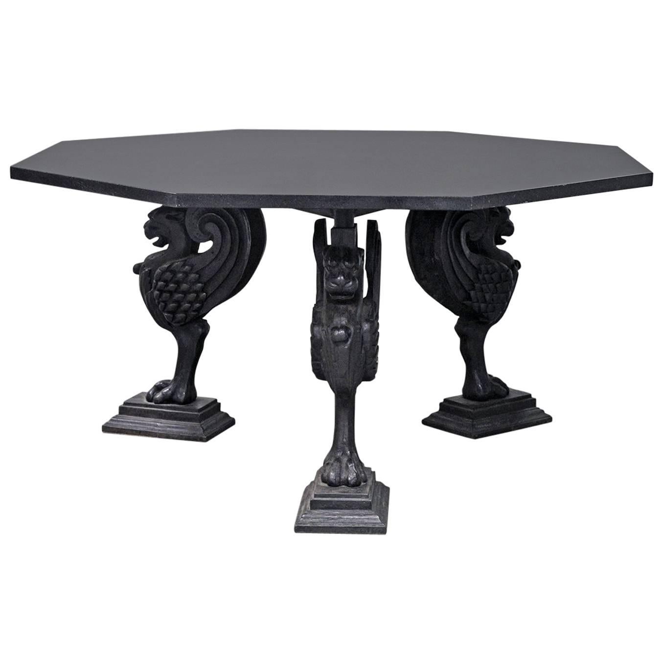 Octagonal Granite Table on Cast Iron Griffin Base For Sale