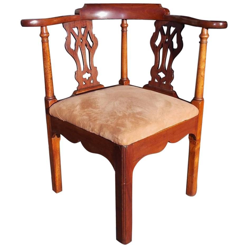 English Chippendale Mahogany Upholstered Corner Chair, Circa 1770
