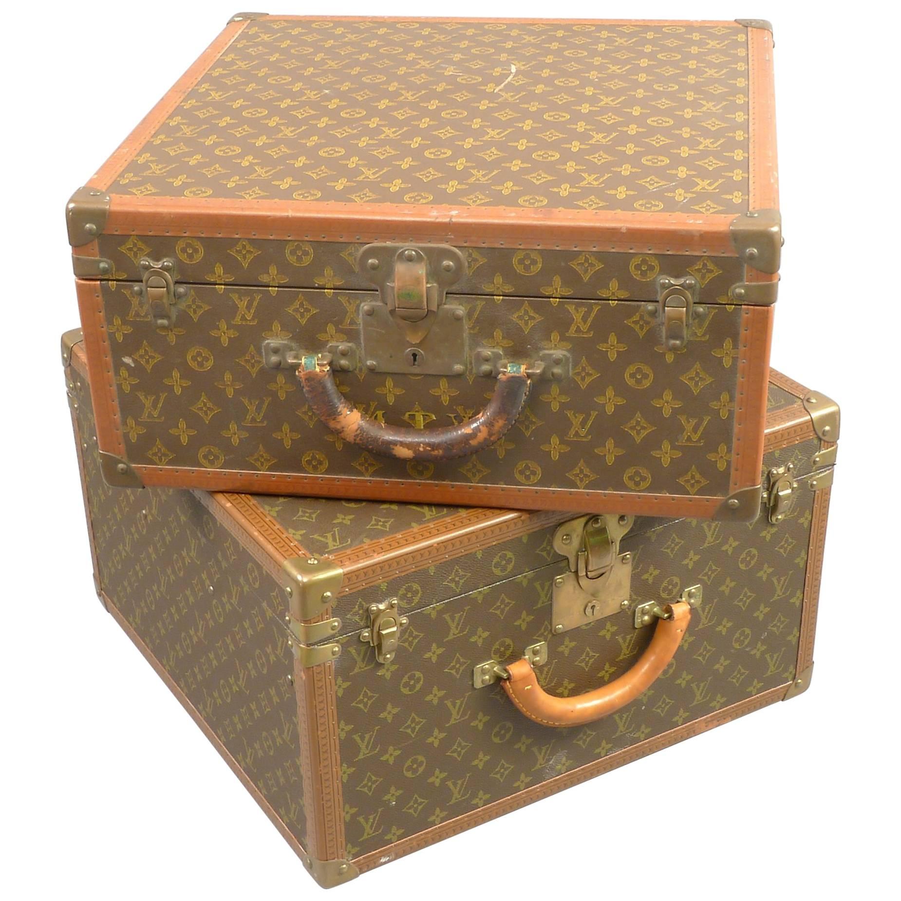 Unmatched Pair of Vintage Louis Vuitton Suitcases, Leather and Brass