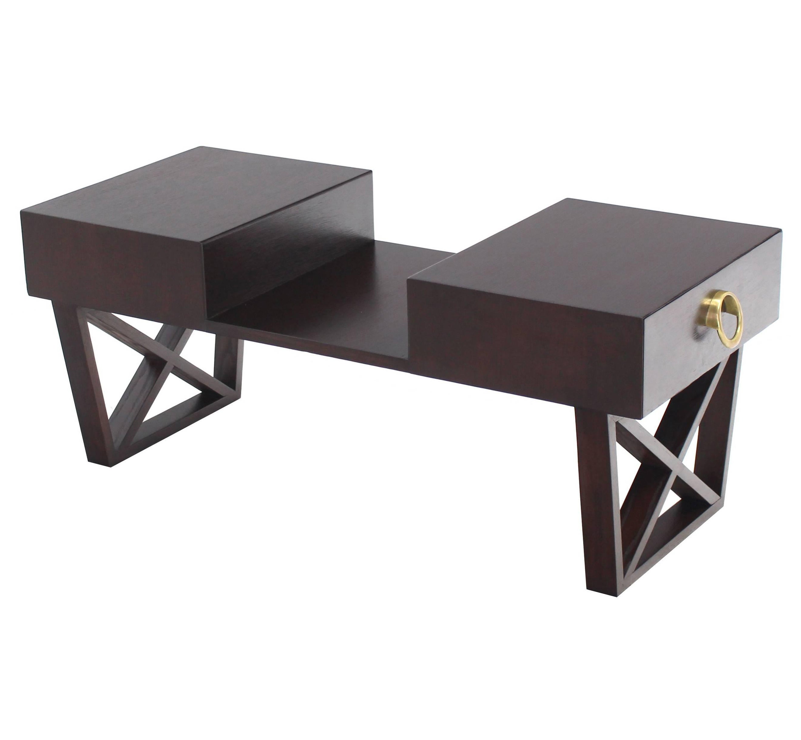 Bi Level Coffee Table with Two Side Drawers Storage in Espresso Finish For Sale