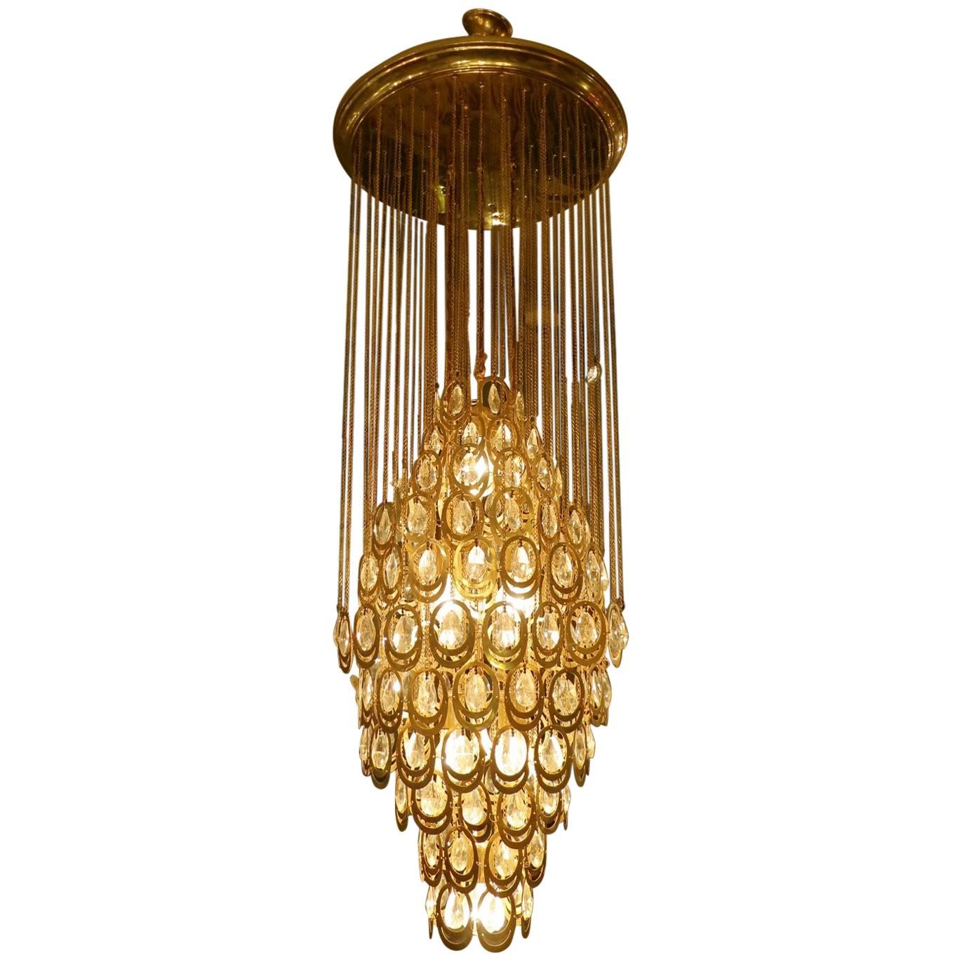 Very Large Brass and Glass Pendant Chandelier