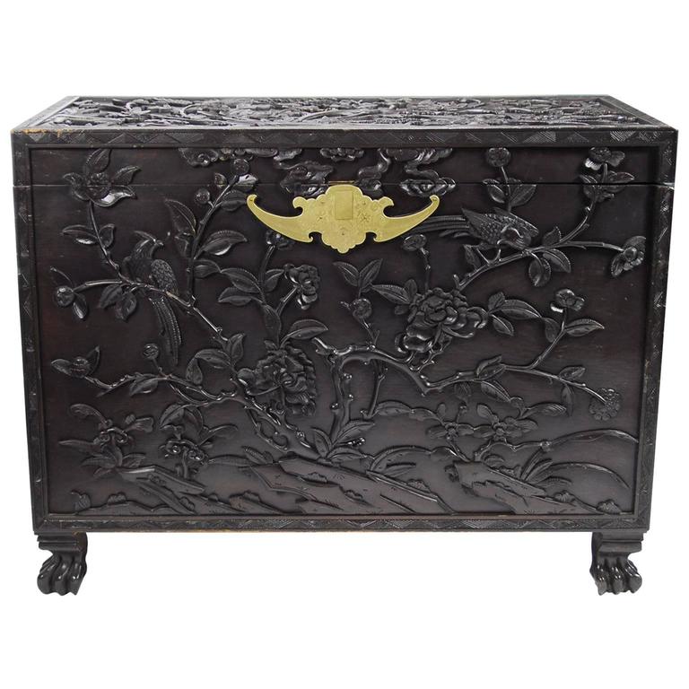 Antique 19th Century Chinese Carved Softwood Blanket Chest For Sale at