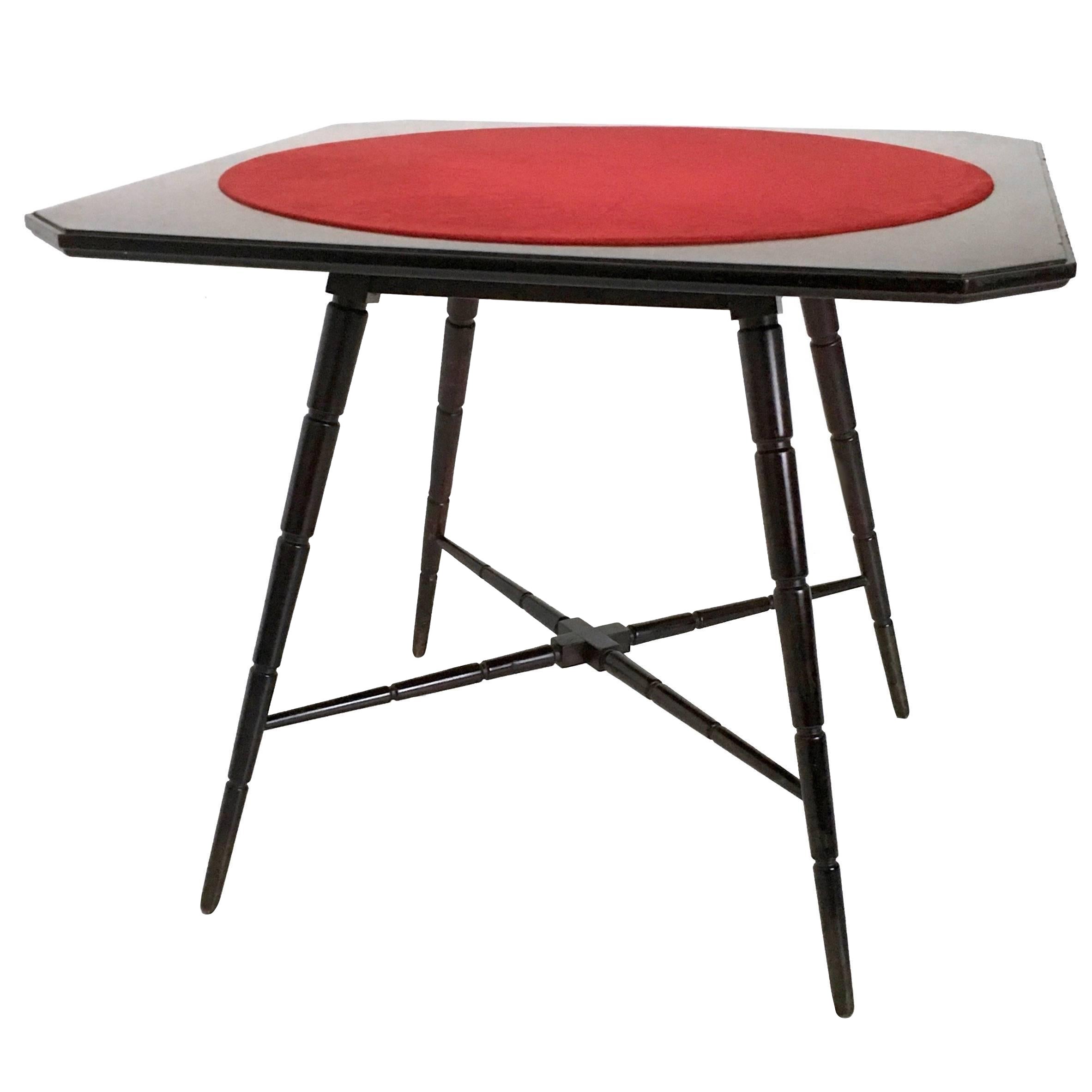 Vintage Ebonized Beech Game Table Produced by Chiavari with Red Fabric, Italy 