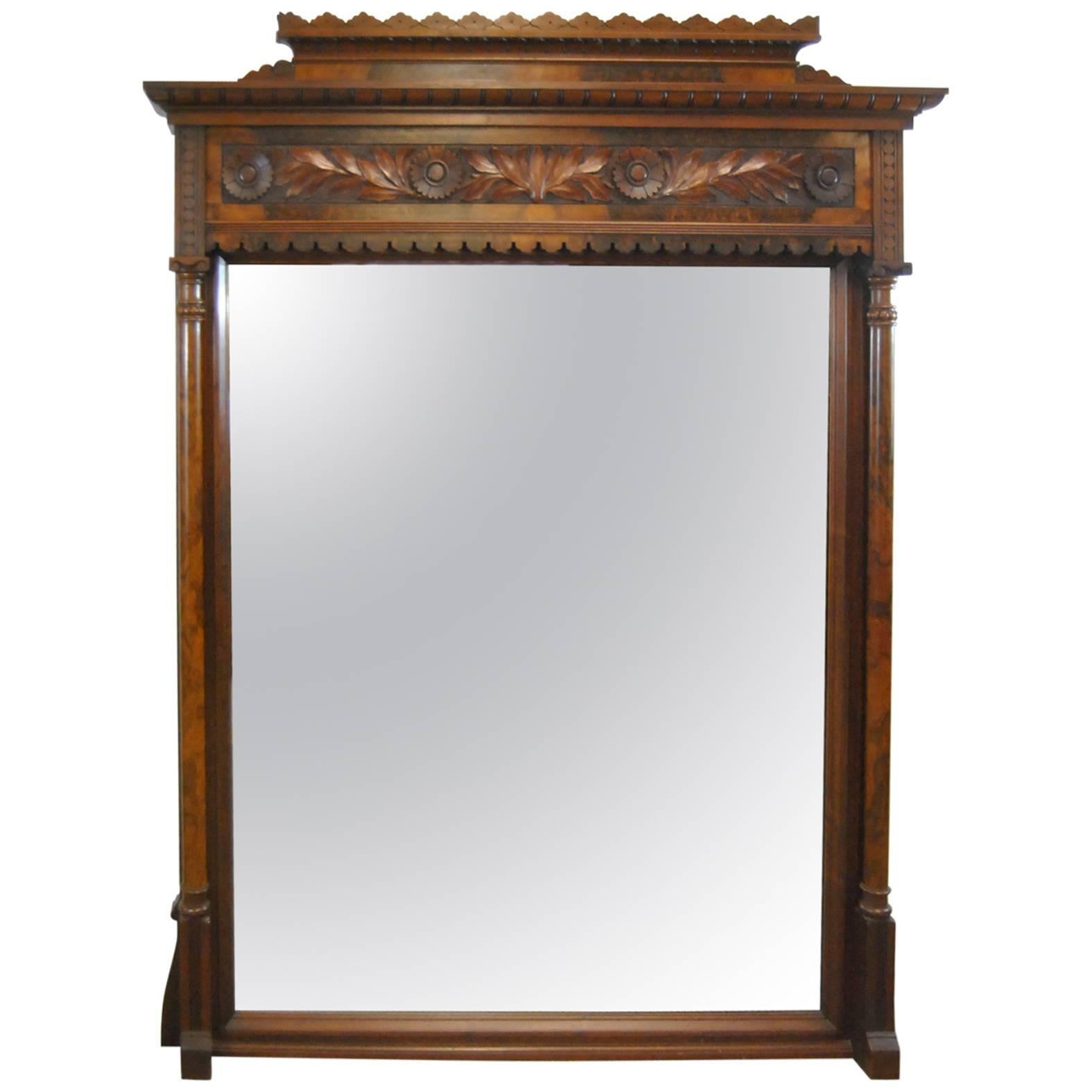 19th Century Victorian Overmantel Walnut Carved Mirror