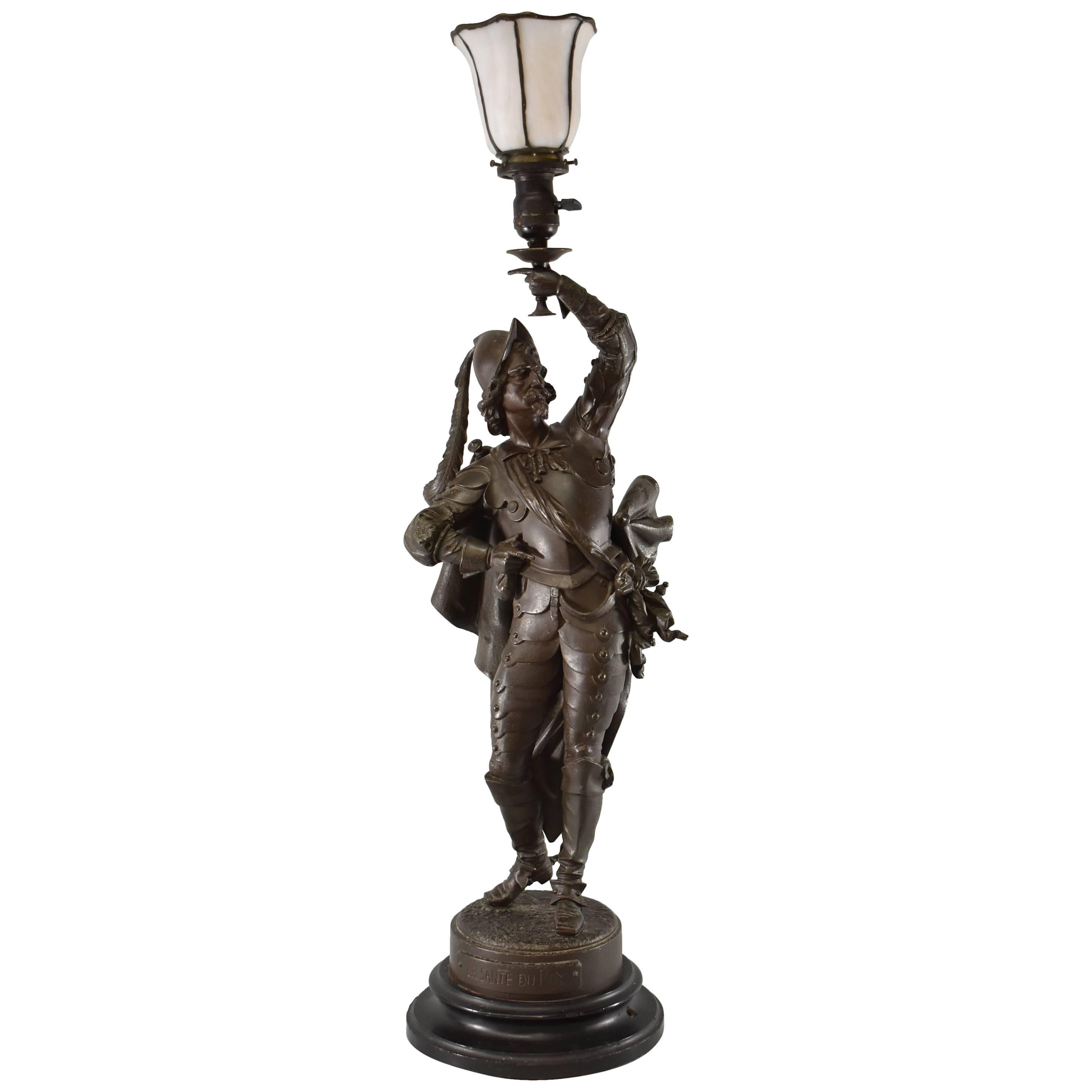 Antique French Musketeer Newel Post Lamp by Philippe Poitevin "La Sante du Roy"