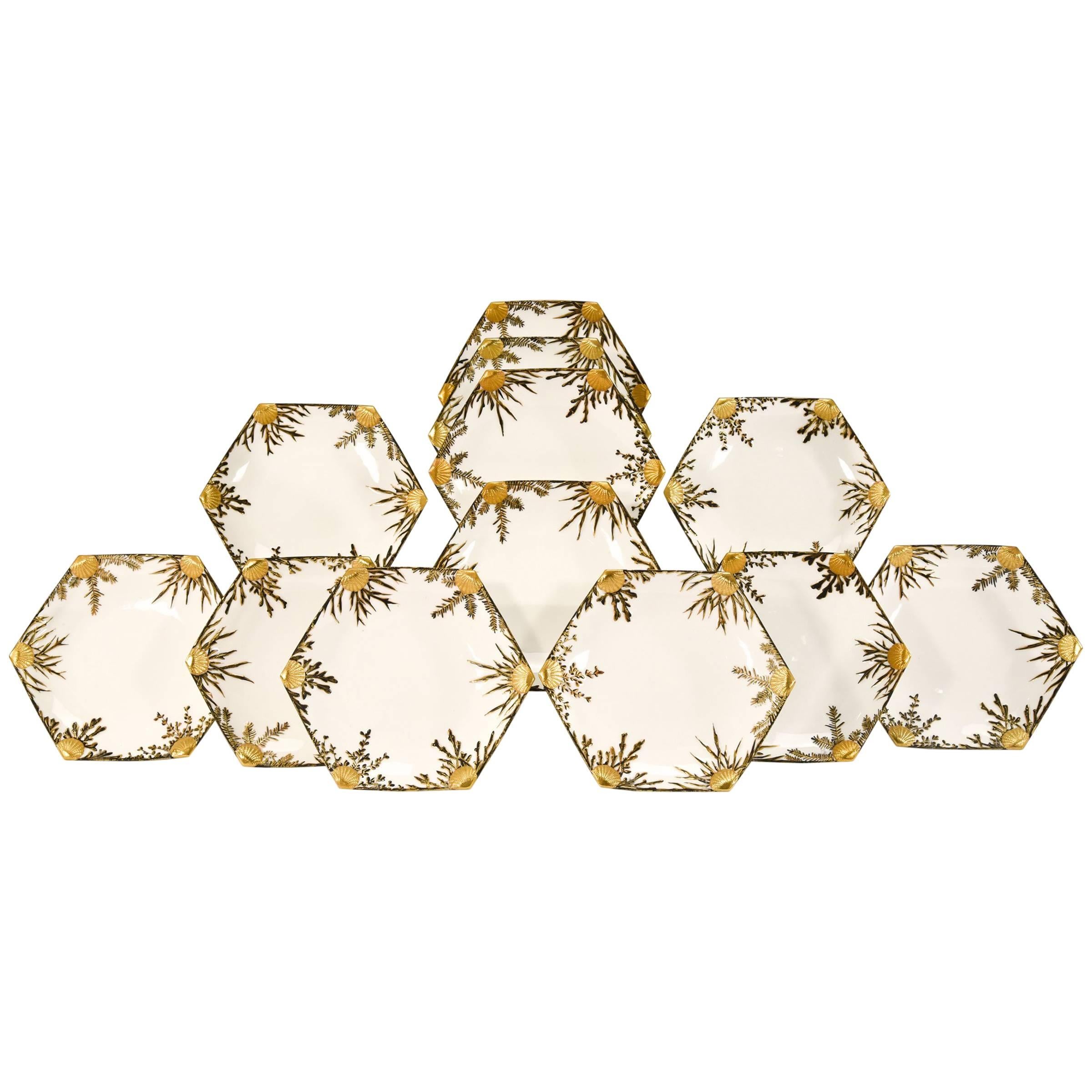 Set of 12 Aesthetic Movement 19th Century Bodley Hexagonal Shell/Seafood Plates