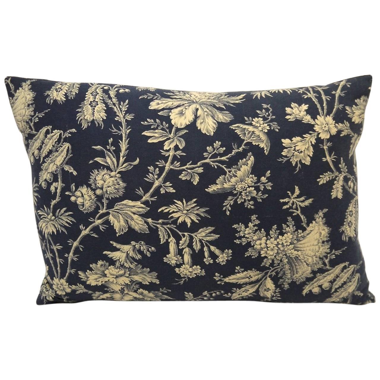 19th Century French Antique Printed Floral Cotton Pillow For Sale