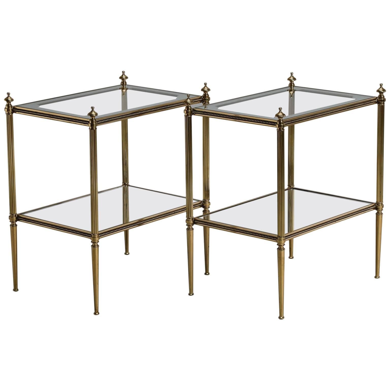 Pair of Italian Fluted Brass, Glass and Mirror Side Tables