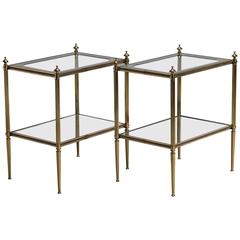Pair of Italian Fluted Brass, Glass and Mirror Side Tables