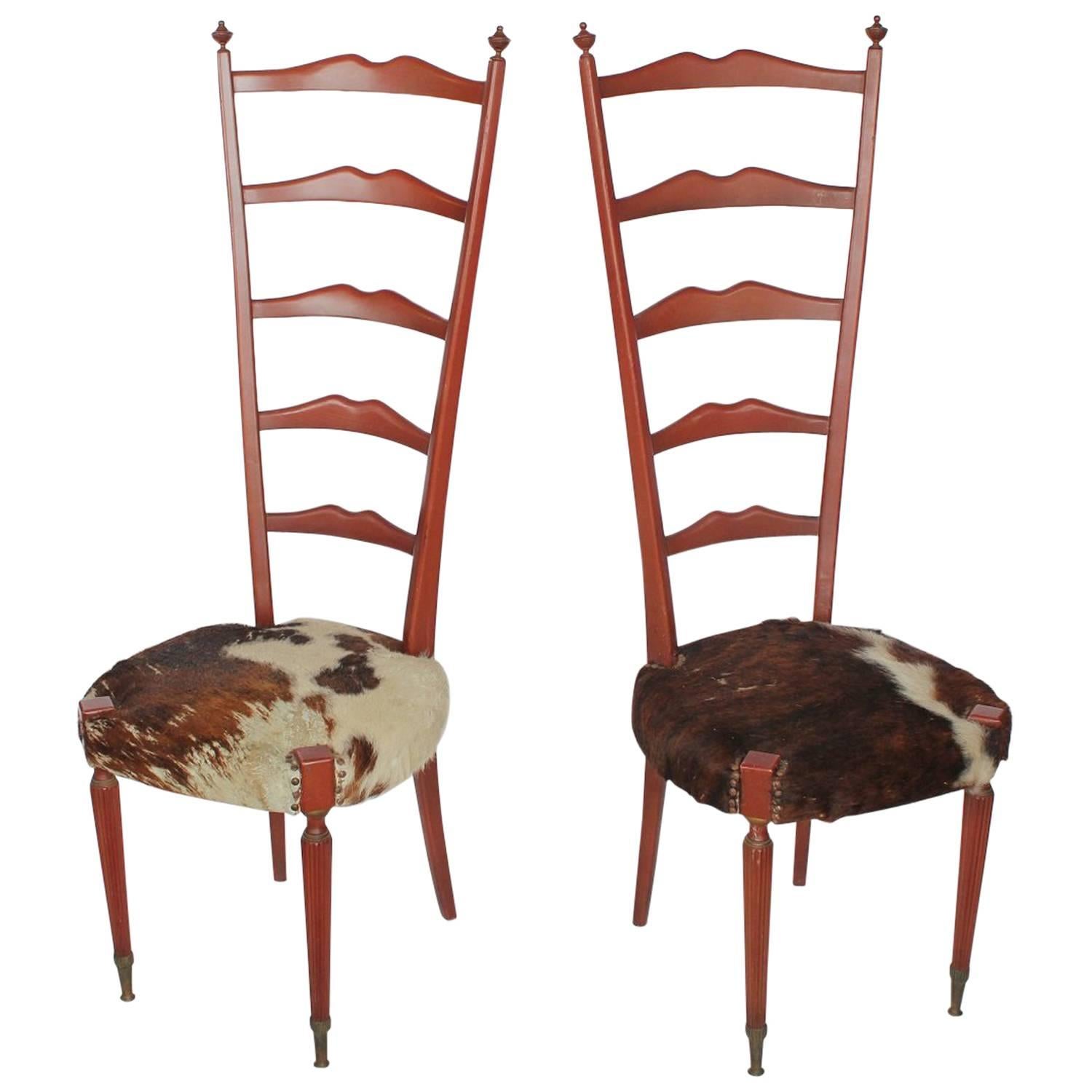 Mid-Century Italian High Back Cowhide and Wood Chairs by Meroni & Fossati For Sale