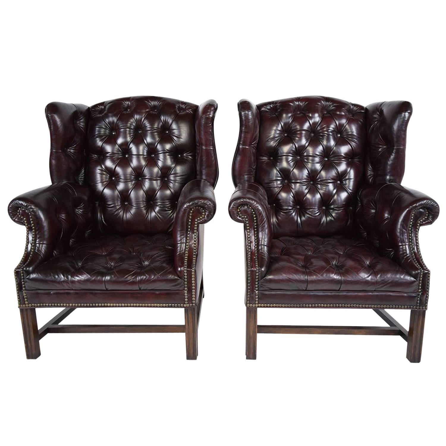 Pair of Chesterfield Tufted Leather Wingback Chairs