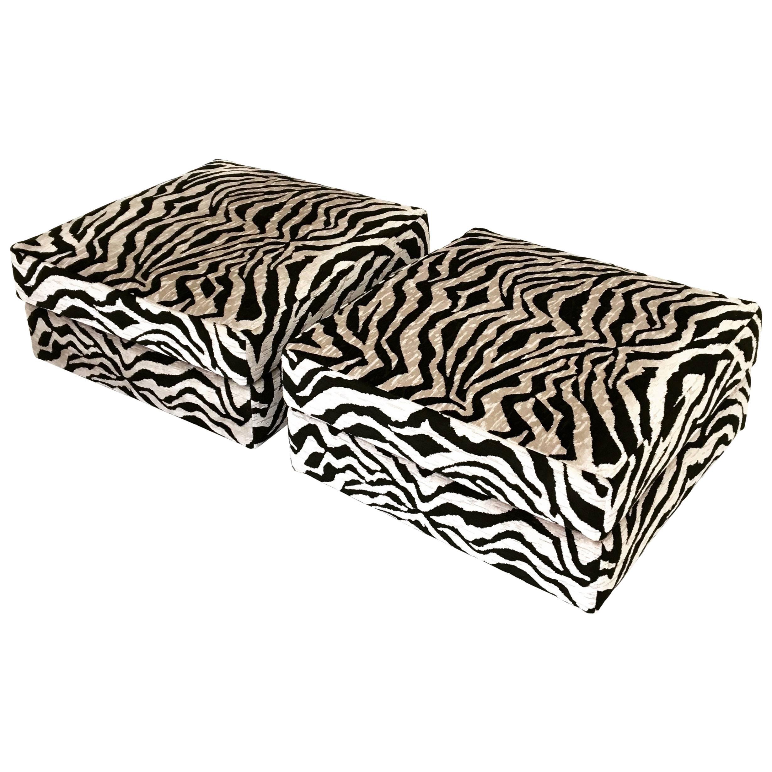 Pair of Large Square Ottomans in Zebra