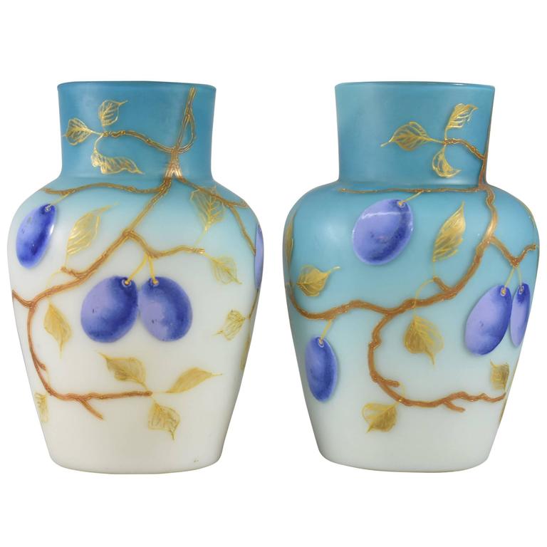 Pair of Blue Cased Glass Vases with Plums/Grapes by Thomas b For