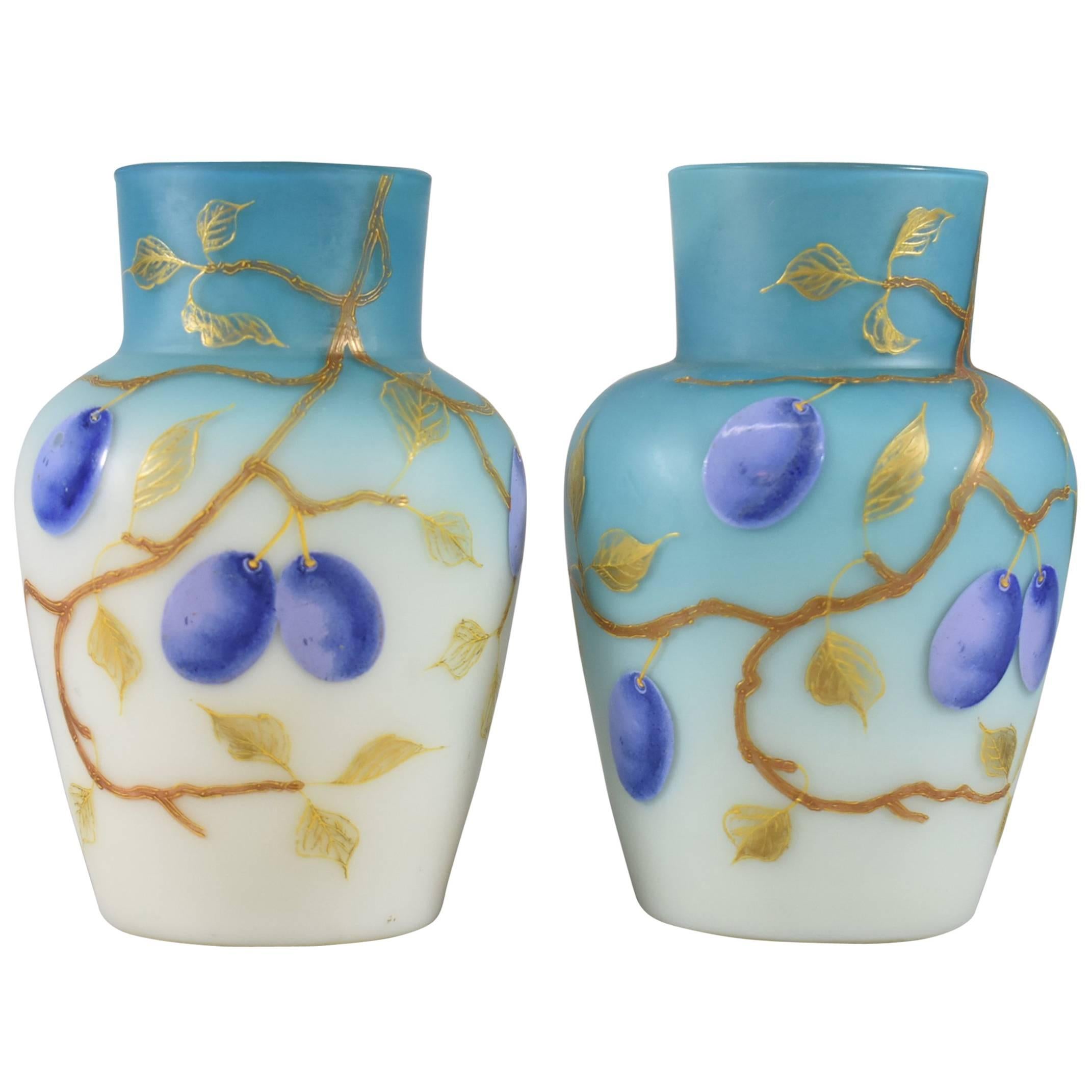 Pair of Blue Cased Glass Vases with Plums/Grapes by Thomas Webb
