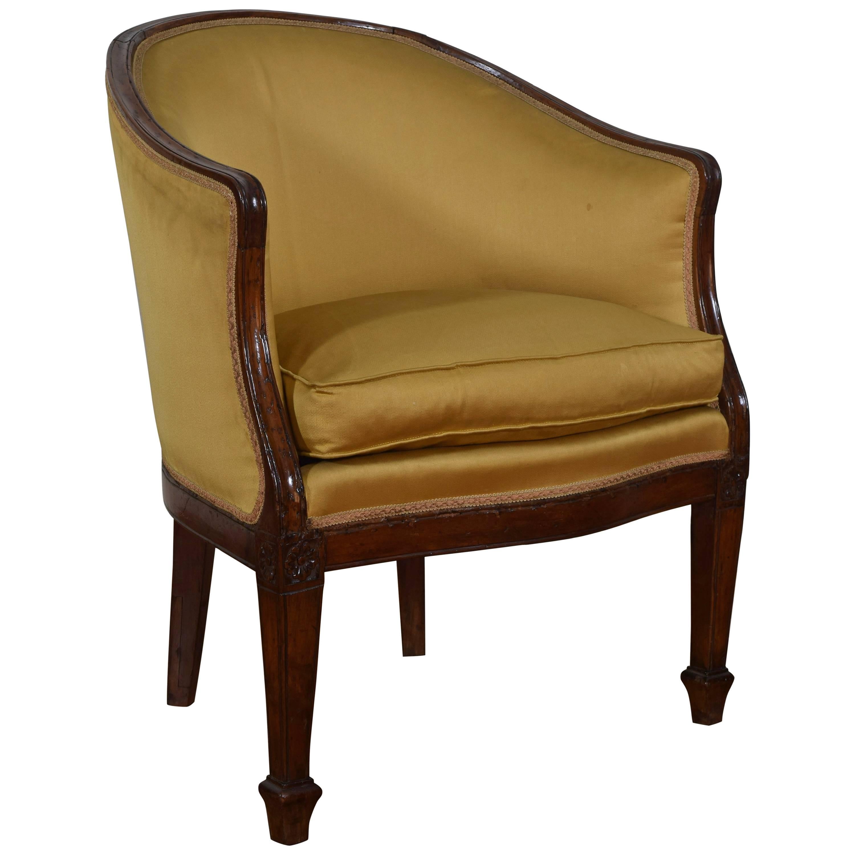 Italian Neoclassical Walnut and Upholstered Bergere in Empire Taste 19th Century