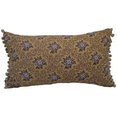 19th Century French Antique Printed Cotton Quilted Pillow with Bobble Trim